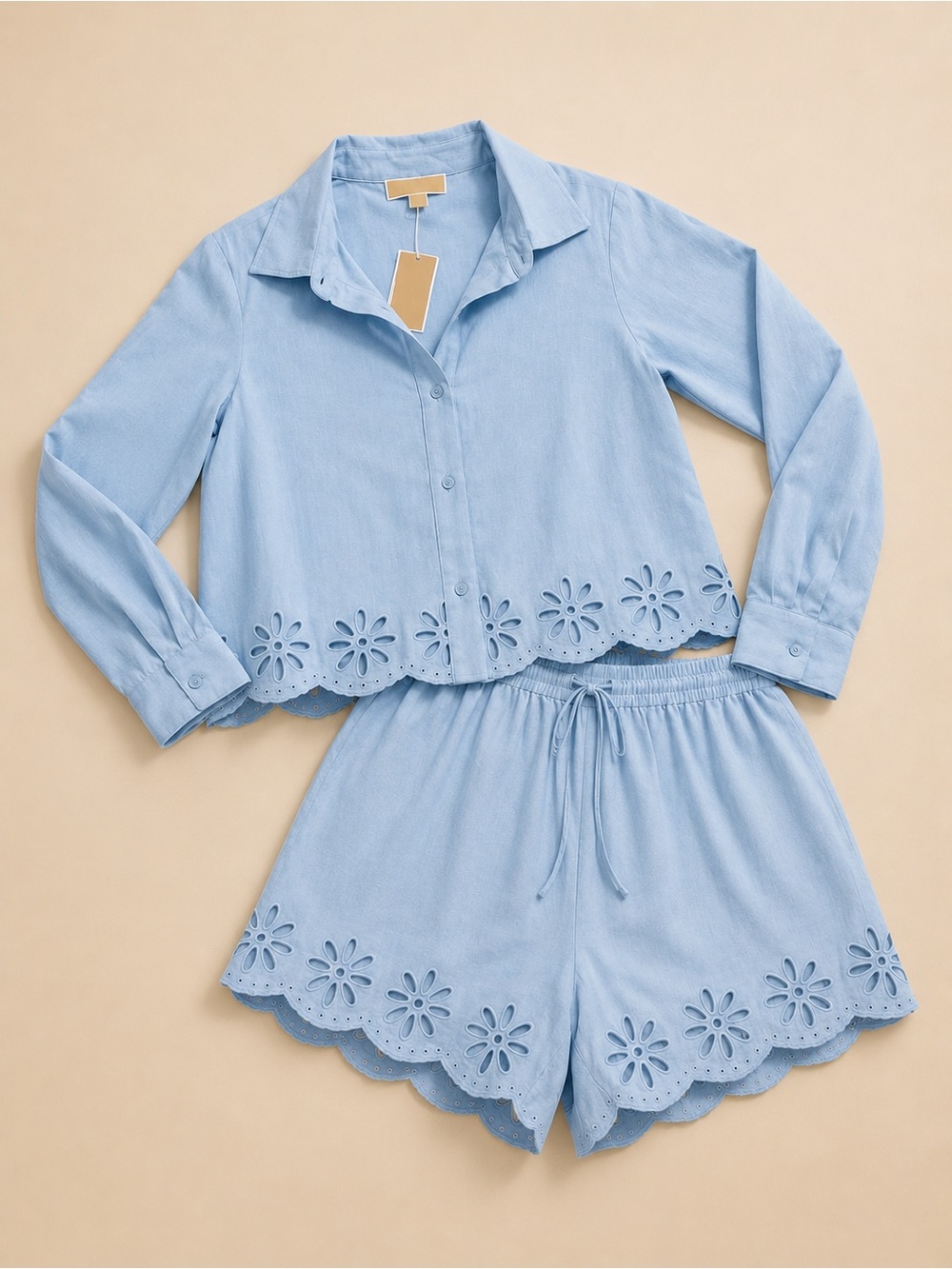 Michael Kors Light Blue Linen-Blend Button top and shorts set women